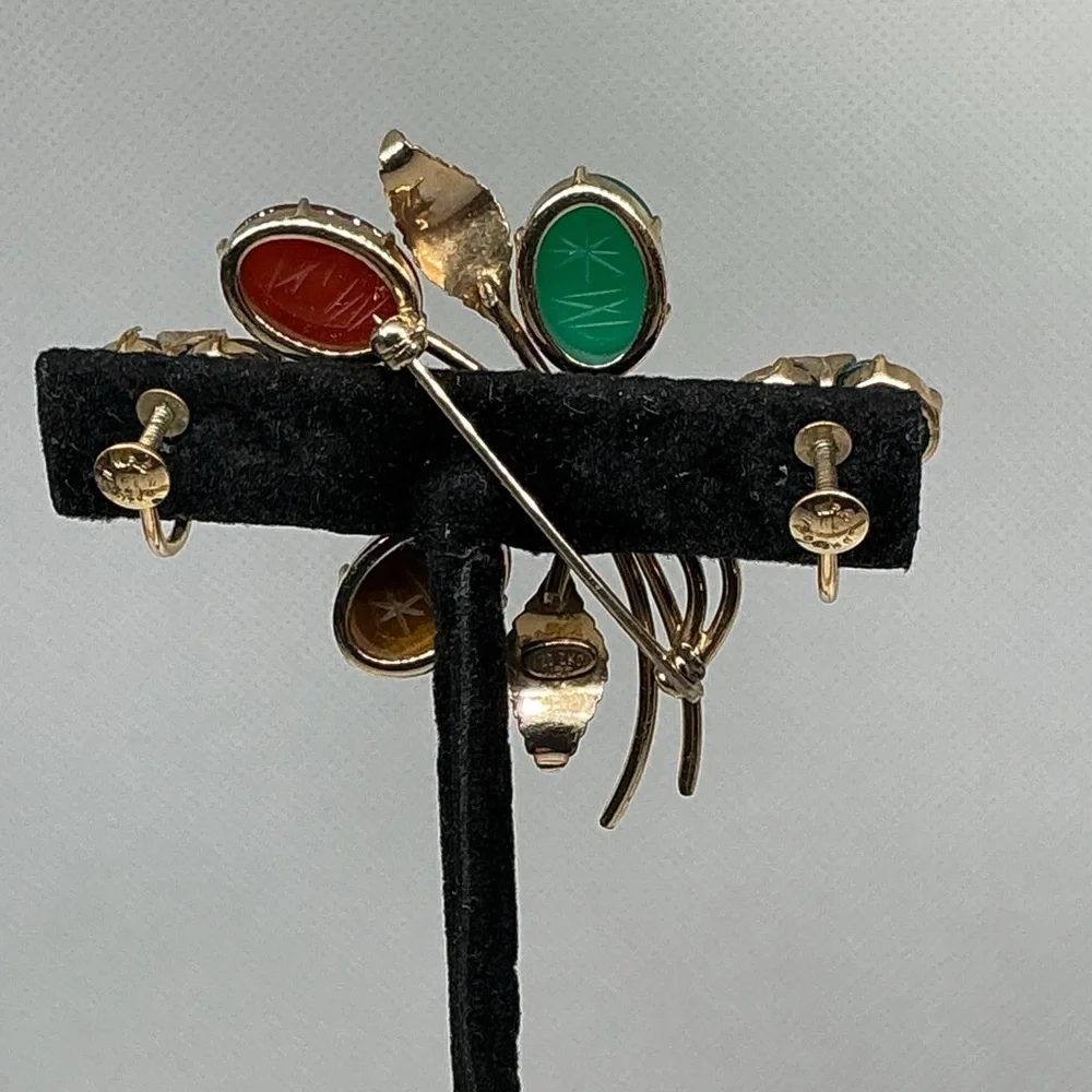 Vintage Scarab Brooch Earrings Set 12K GF Etched Gemstones Mid Century Signed